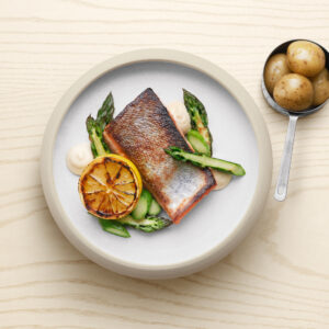 Rainbow salmon with asparagus and hollandaise sauce.